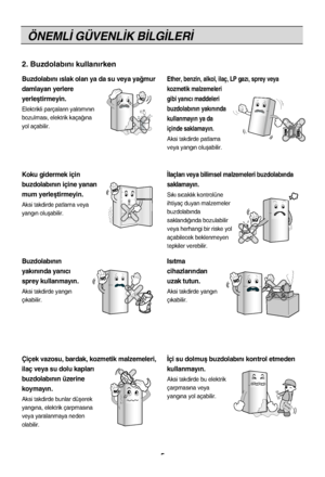 Page 5ÖNEML‹ GÜVENL‹K B‹LG‹LER‹
Buzdolab›n› ›slak olan ya da su veya ya¤mur
damlayan yerlere
yerleﬂtirmeyin.
Elektrikli parçalar›n yal›t›m›n›n
bozulmas›, elektrik kaça¤›na
yol açabilir.
Ether, benzin, alkol, ilaç, LP gaz›, sprey veya
kozmetik malzemeleri
gibi yan›c› maddeleri
buzdolab›n›n yak›n›nda
kullanmay›n ya da
içinde saklamay›n.
Aksi takdirde patlama
veya yang›n oluﬂabilir.
Koku gidermek için
buzdolab›n›n içine yanan
mum yerleﬂtirmeyin.
Aksi takdirde patlama veya
yang›n oluﬂabilir.
‹laçlar› veya bilimsel...