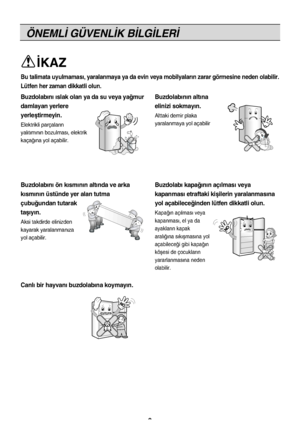 Page 8ÖNEML‹ GÜVENL‹K B‹LG‹LER‹
8
Buzdolab›n›n alt›na
elinizi sokmay›n.
Alttaki demir plaka
yaralanmaya yol açabilir
Buzdolab›n› ön k›sm›n›n alt›nda ve arka
k›sm›n›n üstünde yer alan tutma
çubu¤undan tutarak
taﬂ›y›n.
Aksi takdirde elinizden
kayarak yaralanman›za
yol açabilir.
Buzdolab› kapa¤›n›n aç›lmas› veya
kapanmas› etraftaki kiﬂilerin yaralanmas›na
yol açabilece¤inden lütfen dikkatli olun.
Kapa¤›n aç›lmas› veya
kapanmas›, el ya da
ayaklar›n kapak
aral›¤›na s›k›ﬂmas›na yol
açabilece¤i gibi kapa¤›n
köﬂesi de...