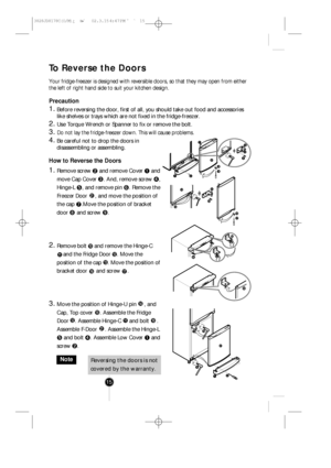 Page 1415
To Reverse the Doors
Your fridge-freezer is designed with reversible doors, so that they may \
open from either
the left of right hand side to suit your kitchen design.
Precaution
1. Before reversing the door, first of all, you should take out food and ac\
cessories
like shelves or trays which are not fixed in the fridge-freezer.
2. Use Torque Wrench or Spanner to fix or remove the bolt.
3. Do not lay the fridge-freezer down. This will cause problems.
4. Be careful not to drop the doors in...