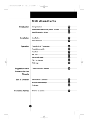 Page 1617
Enregistrement
Importantes instructions pour la sécurité
Identification des pièces
Installation
Mise en marche
Contrôle de la Température
Congélation rapide
Vacation
Self Test
Alerte de la porte
Faire les glaçons
Dégivrage
Conservation des aliments
Informations Générales
Remplacement Lampe
Nettoyage
Trouver les pannes
Table des matières
Introduction
Installation
Opération
Suggestion sur la
Conservation des
Aliments 
Soin et Entretien
Trouver les Pannes18
18
20
21
21
22
22
23
23
23
23
23
24
25
26
26...