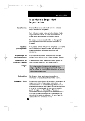 Page 32Introducción
33Desenchufe la clavija de toma de corriente antes de
limpiar el frigorífico-congelador.
Evite deteriorar, doblar excesivamente, retorcer el cable
de potencia o tirar de él, ya que si éste se estropea se
puede provocar un incendio o un electrochoque.
No coloque nunca envases de vidrio en el congelador
porque pueden romperse cuando sus contenidos se
congelen.
Si es posible, conecte el frigorífico-congelador a una toma
de corriente individual para impedir  que éste y otros
aparatos o las luces...