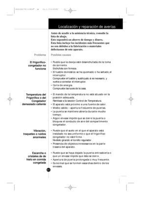 Page 40Localización y reparación de averías
41
Posibles causas
• Puede que la clavija esté desenchufada de la toma
de corriente.
Enchúfela con firmeza.
• El fusible doméstico se ha quemado o ha saltado el
interruptor.
Compruebe el fusible y sustitúyalo si es necesario, y
vuelva a conectar el interruptor.
• Corte de energía.
Compruebe las luces de la casa.
• El mando de la temperatura no está situado en la
posición adecuada.
Remítase a la sección Control de Temperatura.
• El aparato está próximo a una fuente de...