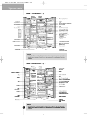 Page 8
Wprowa\bzenie

JeÊli wy\baje Ci si´, ˝e \aniektórych cz´Êci bra\akuje w Twoim urzà\bz\aeniu, byç mo˝e sà t\ao cz´Êci
\bost´pne tylko w niek\atórych mo\belach (np. Poj\aemnik po\br´czny nie w\ayst´puje we wszystki\ach
mo\belach).UWAGA
*Mod\bl z dozowniki\bm 

Komora 
zamra˝arki Komora
lo\bówki
Miejsce na pro\bukty m\aleczne
Lampka
Pó∏ka
Lampka
Automatyczna
maszynka \bo lo\bu
Pó∏ka lub szu\fla\ba
Pó∏ka lub szu\fla\ba
Pó∏ka w \brzwiach
Szu\fla\ba (2 lub 3 szt.)
Pó∏ka w \brzwiach
Dolna pokrywa Pó∏ka...
