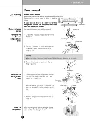 Page 6Door removal
Remove the lower cover by lifting upward.
Pass the refrigerator laterally through access
door as shown in the right figure.
Remove lower
cover  Warning
Remove the
freezer
compartment
door
Remove the
refrigerator
door
Pass the
refrigerator 
Installation
6
1) Loosen the hinge cover screws and remove
the cover.
2) Remove the keeper by rotating it to counter
clockwise (
) and then lifting the upper
hinge up (
).
3) Remove the freezer compartment door by
lifting it upward. 
1) Loosen the hinge...