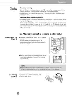 Page 10Operation
10
The other
functionsDoor open warning 
3 times of warning sounds at the interval of 30 seconds if a minute passes with the
door of refrigerator and the hombar door opened or completely closed. 
Please contact with the local service center if warning continue to sound even after
closing the door.
Diagnosis (failure detection) function 
Diagnosis function automatically detects failure when failure is found in product during
the use of refrigerator. 
If failure occurs at product, it does not...