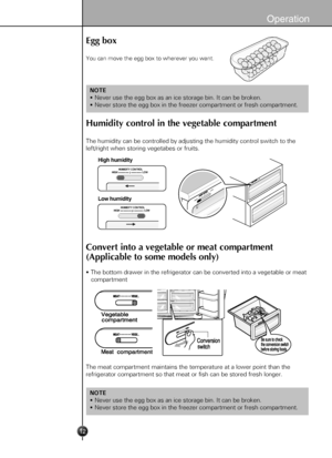 Page 12
12
Operation
Egg box
You can move the egg box to wherever you want.
Humidity control in the vegetable compartment
The humidity can be controlled by adjusting the humidity control switch \
to the
left/right when storing vegetabes or fruits.
Convert into a vegetable or meat compartment
(Applicable to some models only)
 The bottom drawer in the refrigerator can be converted into a vegetable \
or meat
   compartment
The meat compartment maintains the temperature at a lower point than the\
refrigerator...