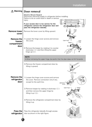 Page 6
Installation

6
Door removal
Remove  the  lower  cover  by  lifting  upward.
Pass  the  refrigerator  laterally  through  access
door  as  shown  in  the  right  figure.
Remove lower
cover 
Warning
Remove the
freezer
compartment
door
Remove the
refrigerator
door
Pass the
refrigerator 

1)  Removing  the  hinge  cover  by  loosening  the
screws.  Separate  all  connection  wires  except
for  theearth  line  after.
2) Remove  the  keeper  by  rotating  it  counter
clockwise  (�)and  then  lifting  the...