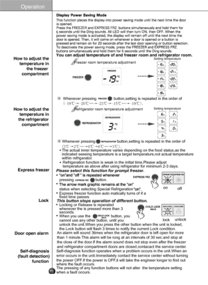 Page 15
You can adjust temperature of and freezer room and refrigerator room.
※ Whenever pressing                    button,setting is repeated in the o\
rder of 
pressing                    button.
status when selecting Special Refrigeration
Express freezer function auto matically turns of if afixed time passes.
Locking or Release is reperatedwhenever the is pressed more than 3seconds.When you use the                   button, you 
cannot use any other button, until you 
unlock the unit.When you press the...