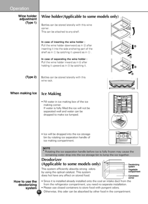 Page 17
Wine holder(Applicable to some models only) 
Bottles can be stored laterally with this wine 
corner.
This can be attached to any shelf. 
In case of inserting the wine holder :
Pull the wine holder downward as in②after
inserting it into the side anchoring part of the 
shelf as in① by catching it upward as in① .
In case of separating the wine holder :
Pull the wine holder inward as in④after
holding it upward as in ③by catching it. 
Ice Making
 Fill water in ice making box of the ice
   making corner....