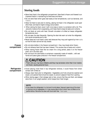 Page 20
Storing foods
Storefreshfoodintherefrigeratorcompartment.Howfoodisfrozenandthawedisan
important factor in maintainingits freshness and flavor.
Donotstorefoodwhichgoesbadeasilyatlowtemperatures,suchasbananas,and
melons.
Allowhotfoodtocoolpriortostoring,placinghotfoodintherefrigeratorcouldspoil
other food, and lead to higher energy consumption.
Whenstoringthefood,coveritwithvinylwraporstoreinacontainerwithalid.This
prevents moisture from evaporating, and helps food to keep its taste and nutrients....