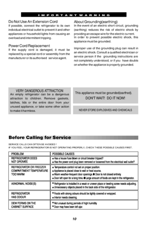 Page 1110
IMPORTANT  WARNINGDo Not Use An Extension CordIf possible, connect the refrigerator to its own individual electrical outlet to prevent it and other appliances or household lights from causing an overload and intermittent tripping .Power Cord ReplacementIf the supply cord is damaged, it must be replaced by a special cord or assembly from the manufacturer or its authorised  service agent.About Grounding(earthing)In the event of an electric short circuit, grounding (earthing) reduces the risk of electric...