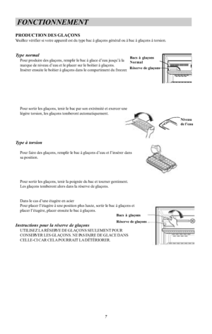 Page 17FONCTIONNEMENTPRODUCTION DES GLAÇONSVeuillez vérifier si votre appareil est du type bac à glaçons général ou à bac à glaçons à torsion.Type normalPour produire des glaçons, remplir le bac à glace d eau jusqu à lamarque de niveau d eau et le placer sur le boîtier à glaçons.Insérer ensuite le boîtier à glaçons dans le compartiment du freezer.Pour sortir les glaçons, tenir le bac par son extrémité et exercer unelégère torsion, les glaçons tomberont automatiquement.Type à torsionPour faire des glaçons,...