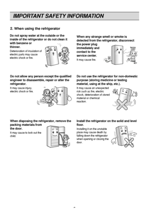 Page 6
IMPORTANT SAFETY INFORMATION
6

Do not spray water at the outside or the
inside of the refrigerator or do not clean it
with benzene or
thinner.
Deterioration of insulation of
electric parts may cause
electric shock or fire.
When any strange smell or smoke is
detected from the refrigerator, disconnect
the power plug
immediately and
contact to the
service center.
It may cause fire.
Thinner
Service center
Do not allow any person except the qualified
engineer to disassemble, repair or alter the...