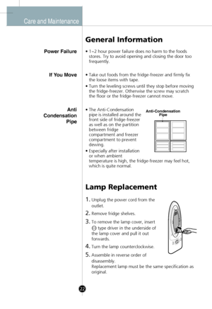 Page 20
Power Failure
General Information
•1~2 hour power failure does no harm to the foods
stores. Try to avoid opening and closing the door too
frequently.
Lamp Replacement
1.Unplug the power cord from the
outlet.
2.Remove fridge shelves.
3.To remove the lamp cover, insert 
type driver in the underside of
the lamp cover and pull it out
forwards.
4.Turn the lamp counterclockwise.
5.Assemble in reverse order of
disassembly.
Replacement lamp must be the same specification as
original.
If You Move
Anti...