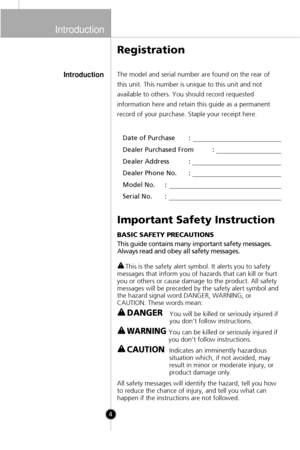 Page 3
4
Registration
IntroductionThe model and serial number are found on the rear of
this unit. This number is unique to this unit and not
available to others. You should record requested
information here and retain this guide as a permanent
record of your purchase. Staple your receipt here.Date of Purchase :
Dealer Purchased From :
Dealer Address :
Dealer Phone No. :
Model No. :
Serial No. :
Important Safety Instruction
BASIC SAFETY PRECAUTIONS
This guide contains many important safety messages.
Always read...