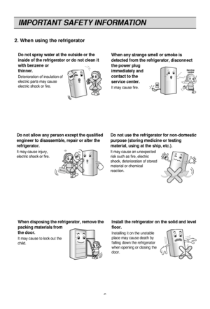 Page 6IMPORTANT SAFETY INFORMATION
6
Do not spray water at the outside or the
inside of the refrigerator or do not clean it
with benzene or
thinner.
Deterioration of in\f\Fulation of
electric part\f may c\Fau\fe
electric \fhock or fi\Fre.Thinner Thinner
When any strange smell or smoke is
detected from the refrigerator, disconnect
the power plug
immediately and
contact to the
service center.
It may cau\fe fire.
Service center
Do not allow any person except the qualified
engineer to disassemble, repair or alter...