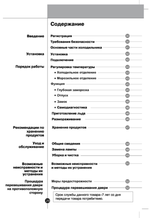 Page 28
Холодильное отделение
Морозильное отделение
Функция
Глубокая 
Замок
заморозка
Отпуск
Меры предосторожности
29
30
30
41
42
42
43
43
43
45
45
45
46
46
46
46
47
48
48
49
50
52
52
 