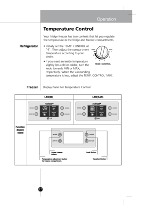 Page 16
Display Panel For Temperature Control
T emperature Control
Your fridge-freezer has two controls that let you regulate
the temperature in the fridge and freezer compartments.
• Initially set the TEMP. CONTROL at
"4". Then adjust the compartment
temperature according to your
desire.
• If you want an inside temperature slightly less cold or colder, turn the
knob towards MIN or MAX,
respectively. When the surrounding
temperature is low, adjust the TEMP. CONTROL 'MIN'.
Refrigerator
Freezer...