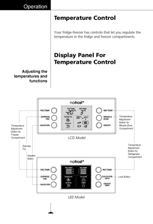 Page 20Temperature Control
Display Panel For
Temperature Control
Your fridge-freezer has controls that let you regulate the
temperature in the fridge and freezer compartments.
Adjusting the
temperatures and
functions
Operation
20
Temperature
Adjustment
Button for
Freezer
Compartment
Temperature
Adjustment
Button for
Miracle Zone
Compartment
Temperature
Adjustment
Button for
Refrigerator
Compartment
Lock Button
LED ModelLCD Model
Express
Frz.
Vacation
Button
 