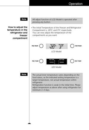 Page 2121
Operation
How to adjust the
temperature in the
refrigerator and
freezer
compartment•The initial Temperature of the Freezer and Refrigerator
Compartment is -20°C and 3°C respectively. 
You can now adjust the temperature of the
compartments as you want.
LED Model
LCD Model
Note
All adjust function of LCD Model is operated after
pressing any button.
NoteThe actual inner temperature varies depending on the
food status, as the indicated setting temperature is a
target temperature, not actual temperature...