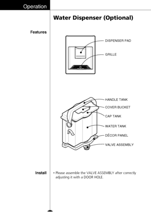 Page 28Operation
28
Features
Install
Water Dispenser (Optional)
•Please assemble the VALVE ASSEMBLY after correctly
adjusting it with a DOOR HOLE.
DISPENSER PAD
GRILLE
HANDLE TANK
COVER BUCKET
CAP TANK
WATER TANK
D
ÉCOR PANEL
VALVE ASSEMBLY
 