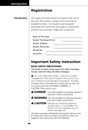 Page 4Introduction
Introduction
Registration
The model and serial number are found on the rear of
this unit. This number is unique to this unit and not
available to others. You should record requested
information here and retain this guide as a permanent
record of your purchase. Staple your receipt here.
Date of Purchase      :
Dealer Purchased From         :
Dealer Address         :
Dealer Phone No.     :
Model No.    :
Serial No.      :
Important Safety Instruction
4
BASIC SAFETY PRECAUTIONS
This guide...