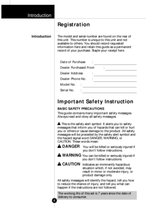 Page 3Introduction
Registration
Introduction
The model and serial number are found on the rear of
this unit. This number is unique to this unit and not
available to others. You should record requested
information here and retain this guide as a permanent
record of your purchase. Staple your receipt here.
Date of Purchase :
Dealer Purchased From :
Dealer Address :
Dealer Phone No. :
Model No. :
Serial No. :Important Safety InstructionBASIC SAFETY PRECAUTIONS
This guide contains many important safety messages....