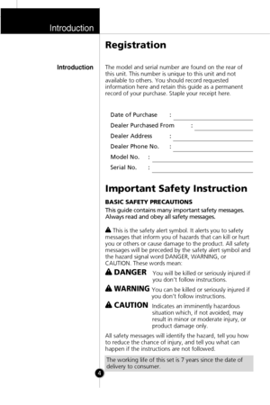 Page 3Introduction
Registration
IntroductionThe model and serial number are found on the rear of
this unit. This number is unique to this unit and not
available to others. You should record requested
information here and retain this guide as a permanent
record of your purchase. Staple your receipt here.
Date of Purchase :
Dealer Purchased From :
Dealer Address :
Dealer Phone No. :
Model No. :
Serial No. :
Important Safety Instruction
BASIC SAFETY PRECAUTIONS
This guide contains many important safety messages....