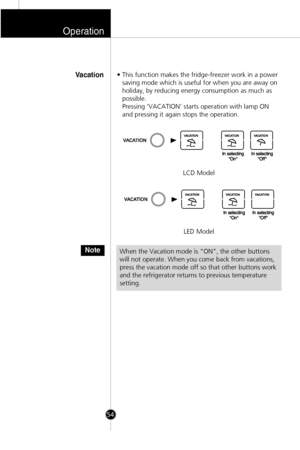 Page 21Operation
54
• This function makes the fridge-freezer work in a power
saving mode which is useful for when you are away on
holiday, by reducing energy consumption as much as
possible.
Pressing ‘VACATION’ starts operation with lamp ON
and pressing it again stops the operation.Vacation
Note
In selecting
OnIn selecting
Off
When the Vacation mode is “ON”, the other buttons
will not operate. When you come back from vacations,
press the vacation mode off so that other buttons work
and the refrigerator returns...