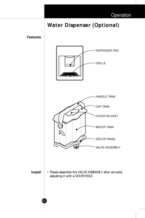 Page 20Operation
21
• Please assemble the VALVE ASSEMBLY after correctly
adjusting it with a DOOR HOLE.
Water Dispenser (Optional)
Features
Install
HANDLE TANK
COVER BUCKET CAP TANK
WATER TANK
DÉCOR PANEL
VALVE ASSEMBLY 
DISPENSER PAD
GRILLE
 