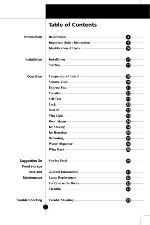 Page 23Registration
Important Safety Instruction
Identification of Parts
Installation
Starting
Temperature Control
Miracle Zone
Express Frz.
Vacation
Self Test
Lock
On/Off
Vita Light
Door Alarm
Ice Making
Ice Homebar
Defrosting
Water Dispenser
Wine Rack
Storing Food
General Information
Lamp Replacement
To Reverse the Doors
Cleaning
Trouble Shooting
Table of Contents
Introduction
Installation
Operation
Suggestion On 
Food storage
Care and
Maintenance
Trouble Shooting4
4
16
17
17
18
20
21
22
23
23
23
23
24
24...