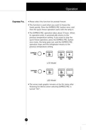 Page 20Operation
21• Please select this function for prompt freezer.
• This function is used when you want to freeze the
foods quickly. Press the EXPRESS FRZ. button once, and
then the quick freeze operation starts with the lamp it.
• The EXPRESS FRZ. operation takes about 3 hours. When
its operation ends, it automatically returns to the
previous temperature setting. If you want to stop the
quick freeze operation, press the EXPRESS FRZ. button
once more, the lamp goes out, and the EXPRESS FRZ.
operation stops...