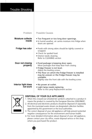 Page 35Trouble Shooting
36
Possible Causes
• Too frequent or too long door openings.
• In humid weather, air carries moisture into fridge when
doors are opened.
• Foods with strong odors should be tightly covered or
wrapped.
• Check for spoiled food.
• Interior needs cleaning. 
Refer to CLEANING section
• Food package is keeping door open.
Move packages that keep door from closing.
• Fridge-freezer is not level.
Adjust the leveling screws.
• The floor on which the fridge-freezer is installed
may be uneven or...