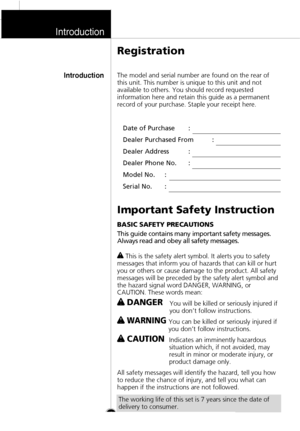 Page 3Introduction
Registration
Introduction
The model and serial number are found on the rear of
this unit. This number is unique to this unit and not
available to others. You should record requested
information here and retain this guide as a permanent
record of your purchase. Staple your receipt here.
Date of Purchase :
Dealer Purchased From :
Dealer Address :
Dealer Phone No. :
Model No. :
Serial No. :Important Safety InstructionBASIC SAFETY PRECAUTIONS
This guide contains many important safety messages....