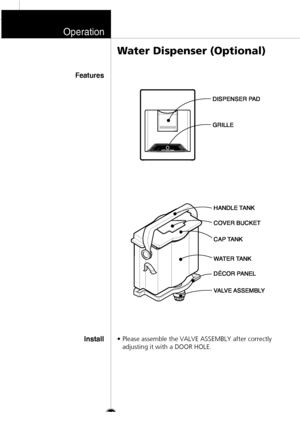 Page 25Operation
26
• Please assemble the VALVE ASSEMBLY after correctly
adjusting it with a DOOR HOLE.Water Dispenser (Optional)
Features
Install
HANDLE TANK
COVER BUCKET
CAP TANK
WATER TANK
VALVE ASSEMBLY DƒCOR PANELDISPENSER PAD
GRILLE
 