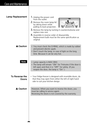 Page 34Care and Maintenance
3.Remove the lamp by turning it counterclockwise and
replace new one.
4.Assemble in reverse order of disassembly.
Replacement bulb must be the same specification as
original.
1.Unplug the power cord
from the outlet.
2.Remove the room lamp lid
by taking down while
pulling its back projection.
Lamp Replacement
Caution
CautionHowever, When you want to reverse the doors, you
must be calling to service agent.
Reversing the doors is not covered by the warranty.
•Lamp capacity is MAX 30W....