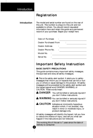 Page 3Introduction
Registration
IntroductionThe model and serial number are found on the rear of
this unit. This number is unique to this unit and not
available to others. You should record requested
information here and retain this guide as a permanent
record of your purchase. Staple your receipt here.
Date of Purchase :
Dealer Purchased From :
Dealer Address :
Dealer Phone No. :
Model No. :
Serial No. :
Important Safety Instruction
BASIC SAFETY PRECAUTIONS
This guide contains many important safety messages....