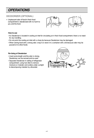 Page 15
OPERATIONS
15
DEODORIZER (OPTIONAL) 
●Unpleasant odor of food in fresh food
compartment is deodorized with no harm to
you and the food.How to use
• As Deodorizer is located in cooling air inlet for circulating air in fre\
sh food compartment, there is no need for any handling.
• Do not prick the cooling air inlet with a sharp tip because Deodorizer m\
ay be damaged.
• When storing food with a strong odor, wrap it or store it in a container\
 with a lid because odor may be passed on to other foods....