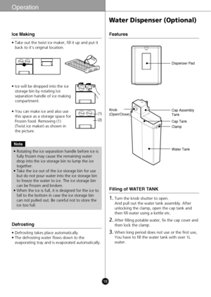 Page 1818
Operation
(1)
(2)
• Take out the twist ice maker, fill it up and put it
back to it’s original location.
Ice Making
Note
• Rotating the ice separation handle before ice is
fully frozen may cause the remaining water
drop into the ice storage bin to lump the ice
together.
• Take the ice out of the ice storage bin for use
but do not pour water into the ice storage bin
to freeze the water to ice. The ice storage bin
can be Frozen and broken.
• When the ice is full, it is designed for the ice to
fall to the...