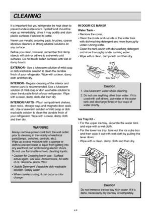 Page 1818
CLEANING
It is important that you refrigerator be kept clean to
prevent undesirable odors. Spilled food should be
wipe up immediately, since it may acidify and stain
plastic surfaces if allowed to settle.
Never use metallic scouring pads, brushes, coarse
abrasive cleaners or strong alkaline solutions on
any surface.
Before you clean, however, remember that damp
objects will stick or adhere to extremely cold
surfaces. Do not touch frozen surfaces with wet or
damp hands.
EXTERIOR -Use a lukewarm...