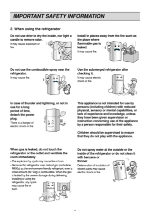 Page 6IMPORTANT SAFETY INFORMATION
6
2. When using the refrigerator
Do not spray water at the outside or the
inside of the refrigerator or do not clean it
with benzene or
thinner.
Deterioration of insulation of
electric parts may cause
electric shock or fire.Thinner
This appliance is not intended for use by
persons (including children) with reduced
physical, sensory or mental capabilities, or
lack of experience and knowledge, unless
they have been given supervision or
instruction concerning use of the...