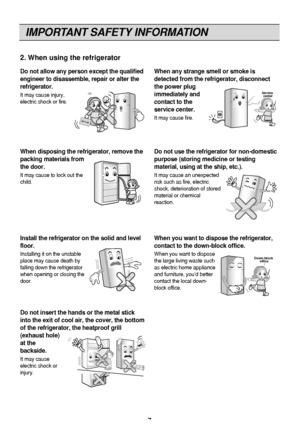 Page 7IMPORTANT SAFETY INFORMATION
7
2. When using the refrigerator
Do not insert the hands or the metal stick
into the exit of cool air, the cover, the bottom
of the refrigerator, the heatproof grill
(exhaust hole)
at the
backside.
It may cause
electric shock or
injury.
When you want to dispose the refrigerator,
contact to the down-block office.
When you want to dispose
the large living waste such
as electric home appliance
and furniture, you’d better
contact the local down-
block office.Down-block 
office...