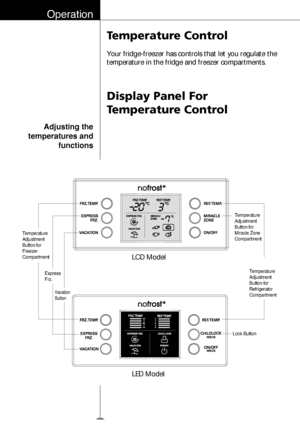 Page 17Temperature Control
Display Panel For
Temperature Control
Your fridge-freezer has controls that let you regulate the
temperature in the fridge and freezer compartments.
Adjusting the
temperatures and
functions
Operation
18
Temperature
Adjustment
Button for
Freezer
Compartment
Temperature
Adjustment
Button for
Miracle Zone
Compartment
Temperature
Adjustment
Button for
Refrigerator
Compartment
Lock Button
LED Model LCD Model
Express
Frz.
Vacation
Button
bfrombFridgeZManualRcombManuals  