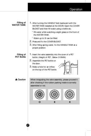 Page 26Operation
27
1.After turning the HANDLE Tank backward with the
WATER TANK installed at the DOOR, Open the COVER
BUCKET and then fill water using a kettle etc.
* Fill water while watching a sight glass on the front of
the WATER TANK.
* Water up to 3
lcan be filled.
2.Press and fix the COVER BUCKET.
3.After filling spring water, fix the HANDLE TANK at a
proper position.
1.Insert the valve assembly into the cover of a PET
bottle. (Height of PET ; Below 310MM)
2.Assemble the PET bottle on
the door.
3.Make a...