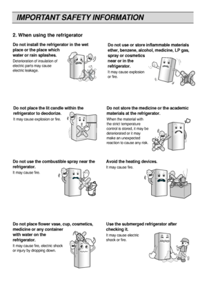 Page 5
Do not use or store inflammable materials
ether, benzene, alcohol, medicine, LP gas,
spray or cosmetics
near or in the
refrigerator.
It may cause explosion
or fire.

Do not place the lit candle within the
refrigerator to deodorize.
It may cause explosion or fire.

Do not store the medicine or the academic
materials at the refrigerator.
When the material with
the strict temperature
control is stored, it may be
deteriorated or it may
make an unexpected
reaction to cause any risk.

Do not use the...