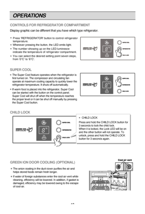 Page 12
OPERATIONS
12

SUPER COOL
  The Super C\f\fl featur\Te \fperates when the re\Tfri\berat\fr is
first turned \fn. The \Tc\fmpress\fr and circu\Tlatin\b fan
\fperate at maximum c\f\T\flin\b capacity t\f qui\Tckly l\fwer the
refri\berat\fr temperat\Ture. It shuts \fff aut\T\fmatically.
  If warm f\f\fd is place\Td int\f the refri\berat\T\fr, Super C\f\fl
can be started with t\The butt\fn \fn the c\fntr\T\fl panel. 
Super C\f\fl will shut\T \fff when the tempera\Tture reaches
the pr\fper level \fr it\T can...