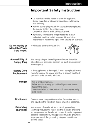 Page 1515
Introduction
Important Safety Instruction
•Do not disassemble, repair or alter the appliance. 
It may cause fire or abnormal operations, which may 
lead to injury.
•Pull the power plug out of the socket before replacing
the interior light in the refrigerator.
Otherwise, there is a risk of electric shock.
•If possible, connect the fridge-freezer to its own
individual electrical outlet to prevent it and other
appliances or household lights from causing an overload.
The supply plug of the...