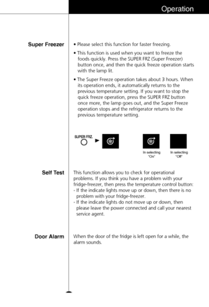 Page 2121
Operation
• Please select this function for faster freezing.
• This function is used when you want to freeze the
foods quickly. Press the SUPER FRZ (Super Freezer)
button once, and then the quick freeze operation starts
with the lamp lit.
• The Super Freeze operation takes about 3 hours. When
its operation ends, it automatically returns to the
previous temperature setting. If you want to stop the
quick freeze operation, press the SUPER FRZ button
once more, the lamp goes out, and the Super Freeze...