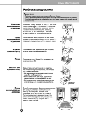 Page 46
Извлеките лампу,потянув за нее(③),при этом 
слегка надавливая(①)и вращая(②)защитный 
колпак лампы.Поверните лампочку против 
часовой стрелки.Используйте лампочку 
мощностью 40 Вт (максимум), которую 
можно приобрести в сервисном центре. 
Чтобы извлечь полку, надавите на нее слева, 
немного приподнимите левую сторону полки (①), 
поднимите правую сторону (③) и снимите полку.
Водосборник не имеет функции самоосушения. 
Его следует регулярно чистить.Снимите 
крышку водосборника, потянув за ее 
переднюю...