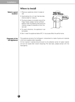 Page 5
1. Place your appliance where it is easy touse.
2. Avoid placing the unit near heat sources, direct sunlight or moisture.
3. To ensure proper air circulation around the fridge -freezer, please maintain sufficient
space on both the sides as well as top and
maintain at least 2 inches (5 cm) from the
rear wall.
4. To avoid vibrations, the appliance must be leveled.
5. Dont install the appliance below 5 °C. It may cause affect the performance. 

5
Select a good
location

Where to Install
Disposal of theold...